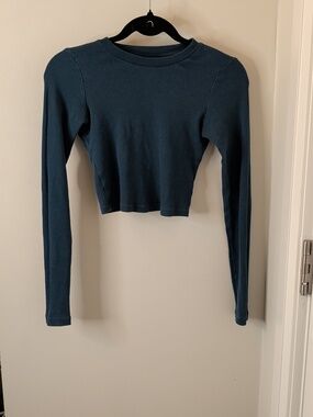 TNA Aritzia Cropped Shirt Ribbed Long Sleeve Crewneck Crop Top Blue XS